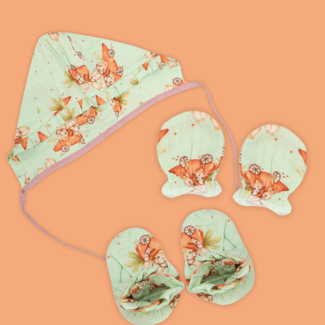 Bunny rides - Muslin Cap, Mittens and Booties