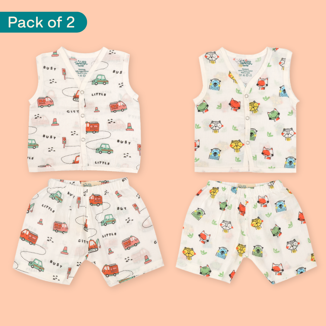 Woody & Wheels - Muslin Jabla and Shorts for Babies and Toddlers - Pack of 2