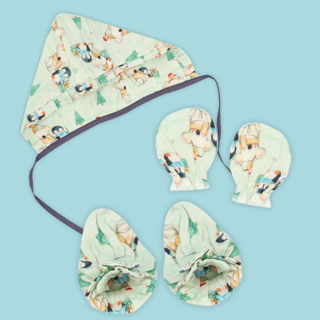 Wintertime Wonders - Muslin Cap, Mittens and Booties