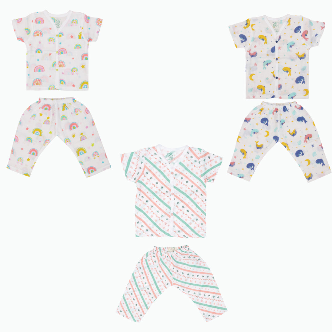 Muslin Sleep Suit for babies and kids (Unisex) Starry Whale - Pack of 3