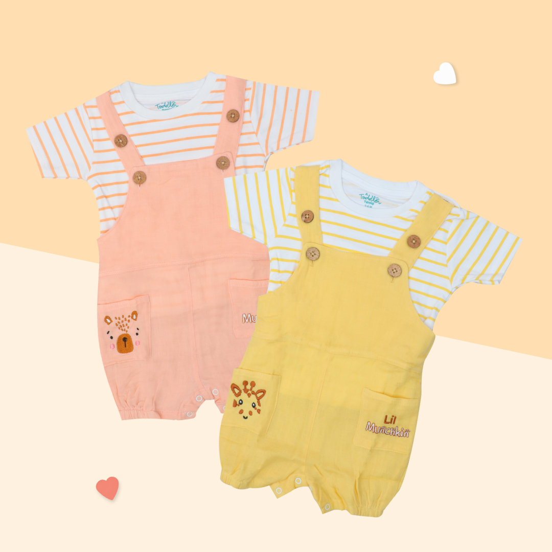 Teddyraff - Crinkled Muslin Dungarees Pack of 2