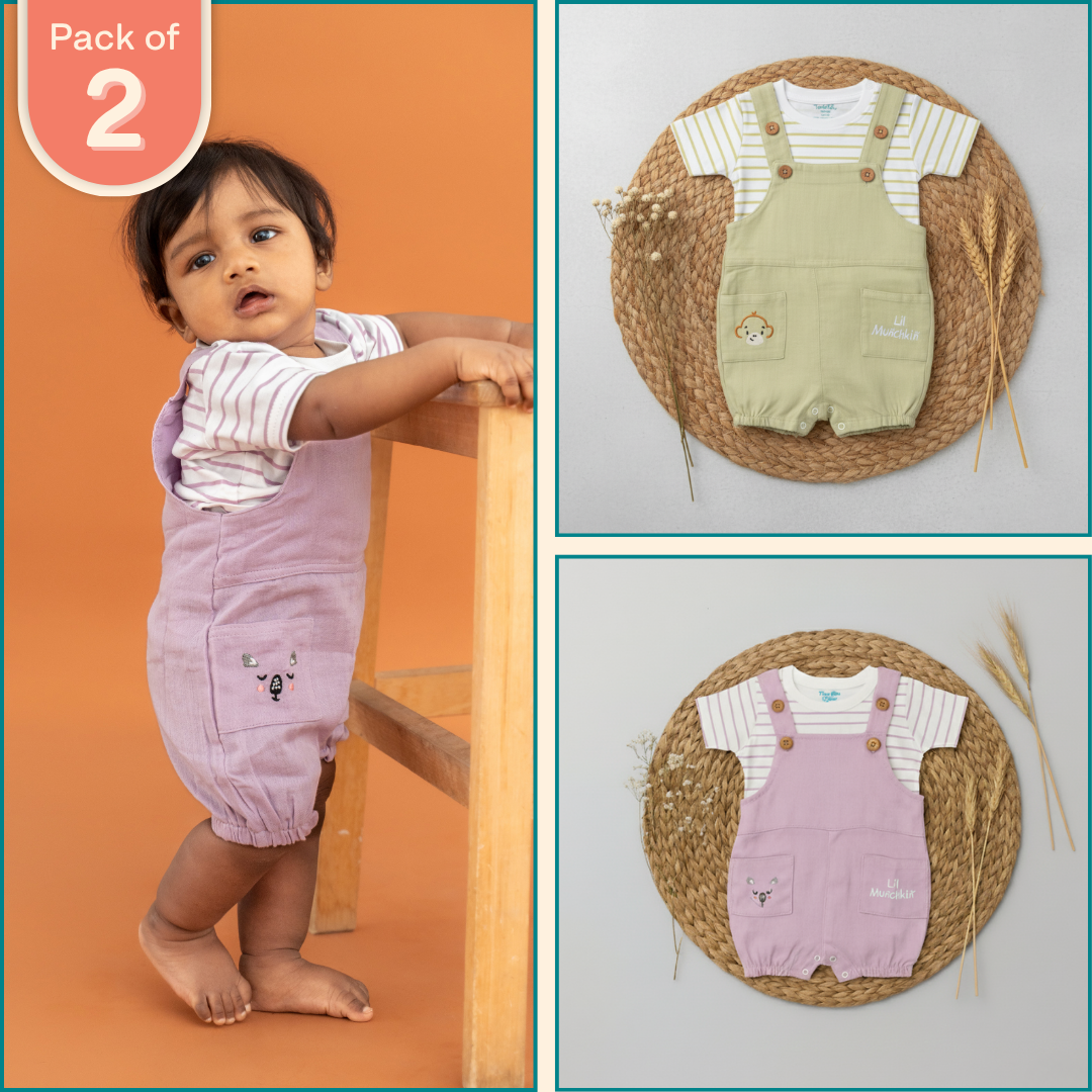 Lilmonkie - Crinkled Muslin Dungarees Pack of 2