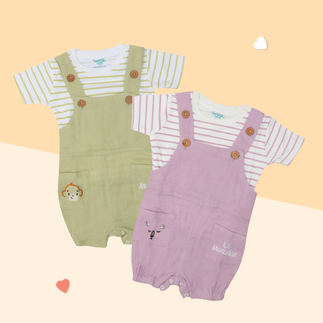 Lilmonkie - Crinkled Muslin Dungarees Pack of 2