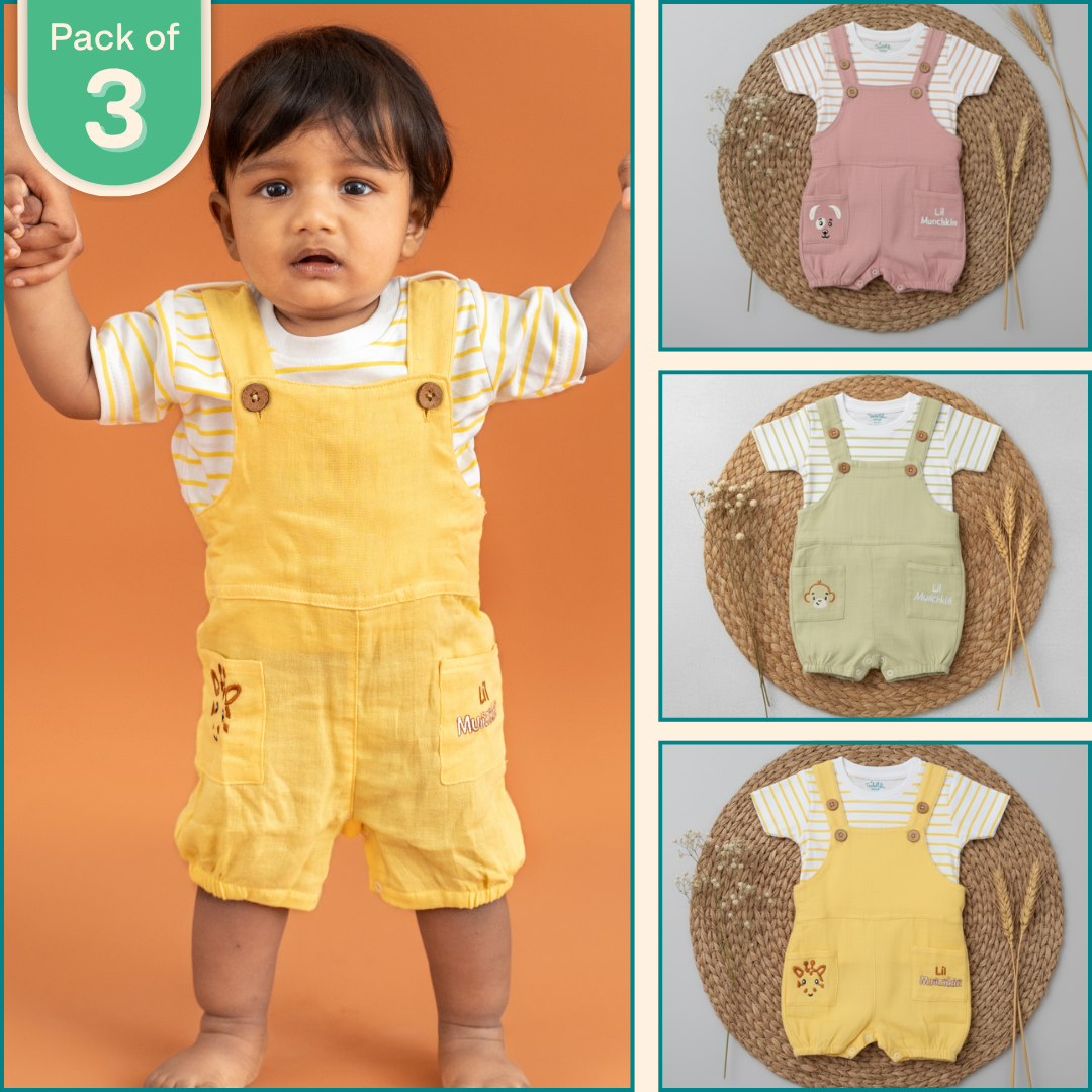 Sunnywoof - Crinkled Muslin Dungarees Pack of 3