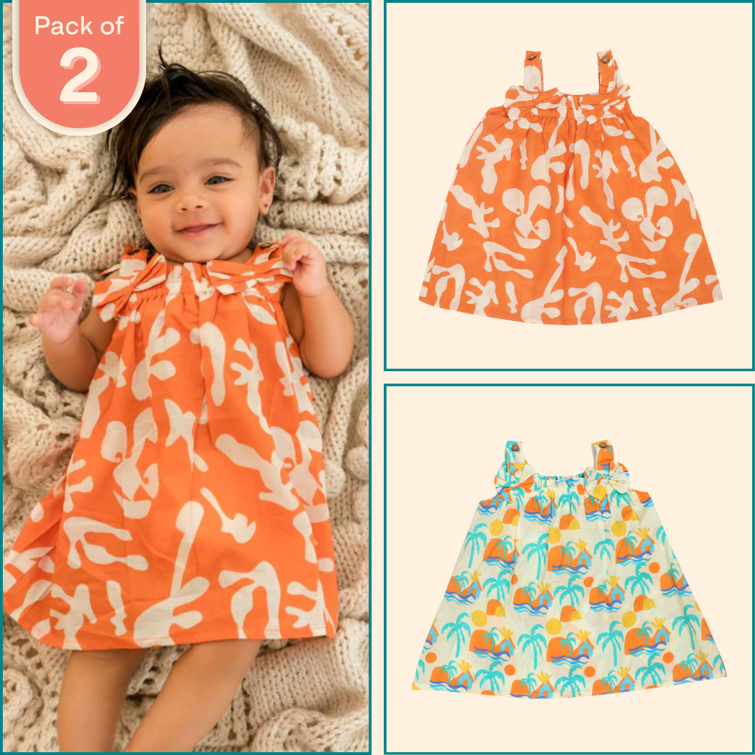 SunWave - Mulmul Cotton Sleeveless Bow Frock Pack of 2