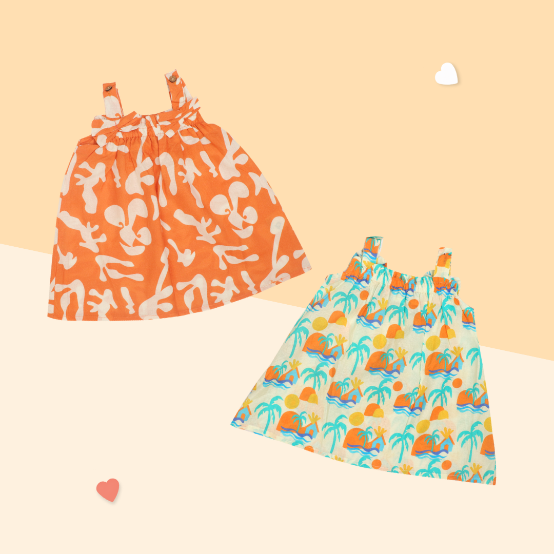 SunWave - Mulmul Cotton Sleeveless Bow Frock Pack of 2
