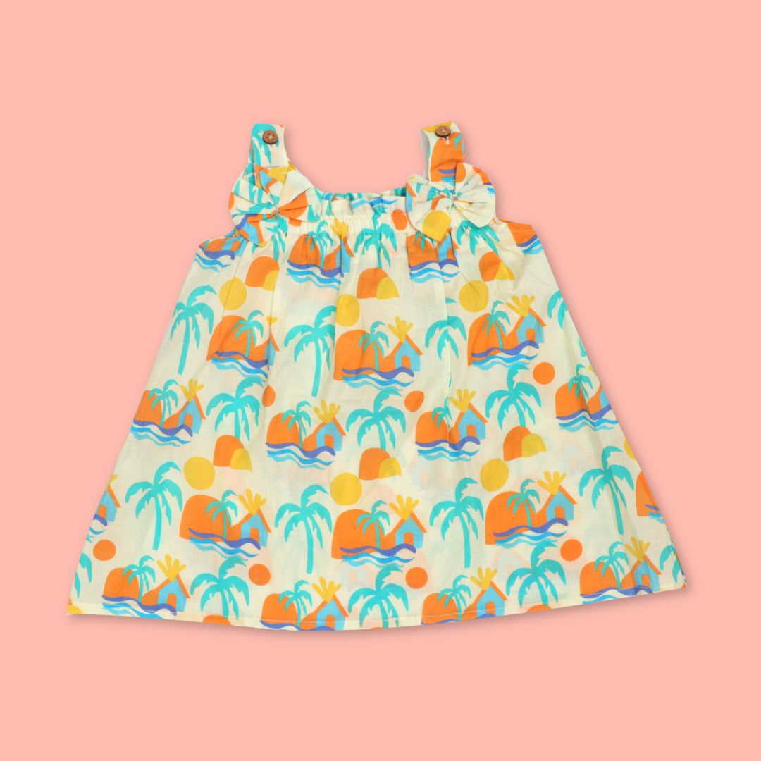 Citrus Splash - Mulmul Cotton Sleeveless Bow Frock