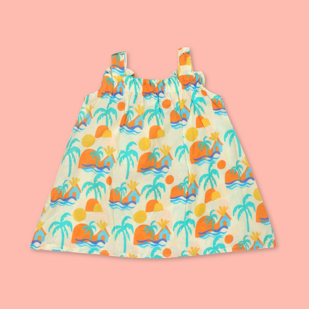 Citrus Splash - Mulmul Cotton Sleeveless Bow Frock