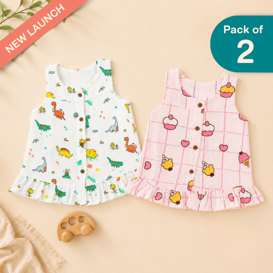 Sugar Stone - Muslin Sleeveless A-Line Frock (Pack of 2)