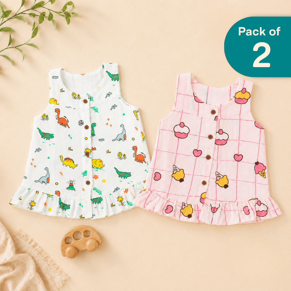 Sugar Stone - Muslin Sleeveless A-Line Frock (Pack of 2)