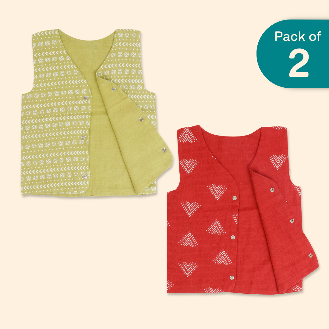 Olive you, Tomato - Reversible Muslin Jabla (Pack of 2)