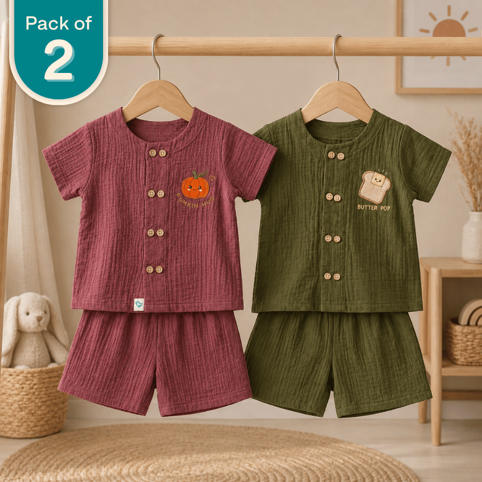 Pumpkin Munch - Crinkled Muslin Co-ord Sets (Pack of 2)