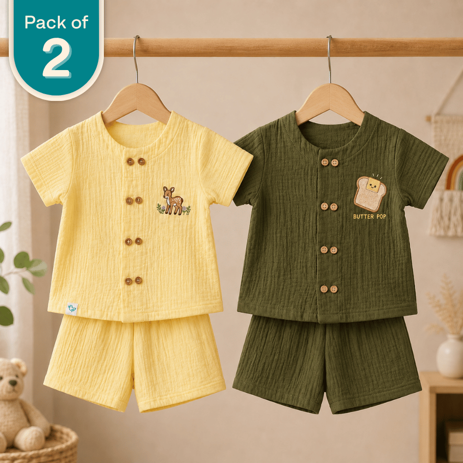 Deer Little Crumbs - Crinkled Muslin Co-ord Sets (Pack of 2)
