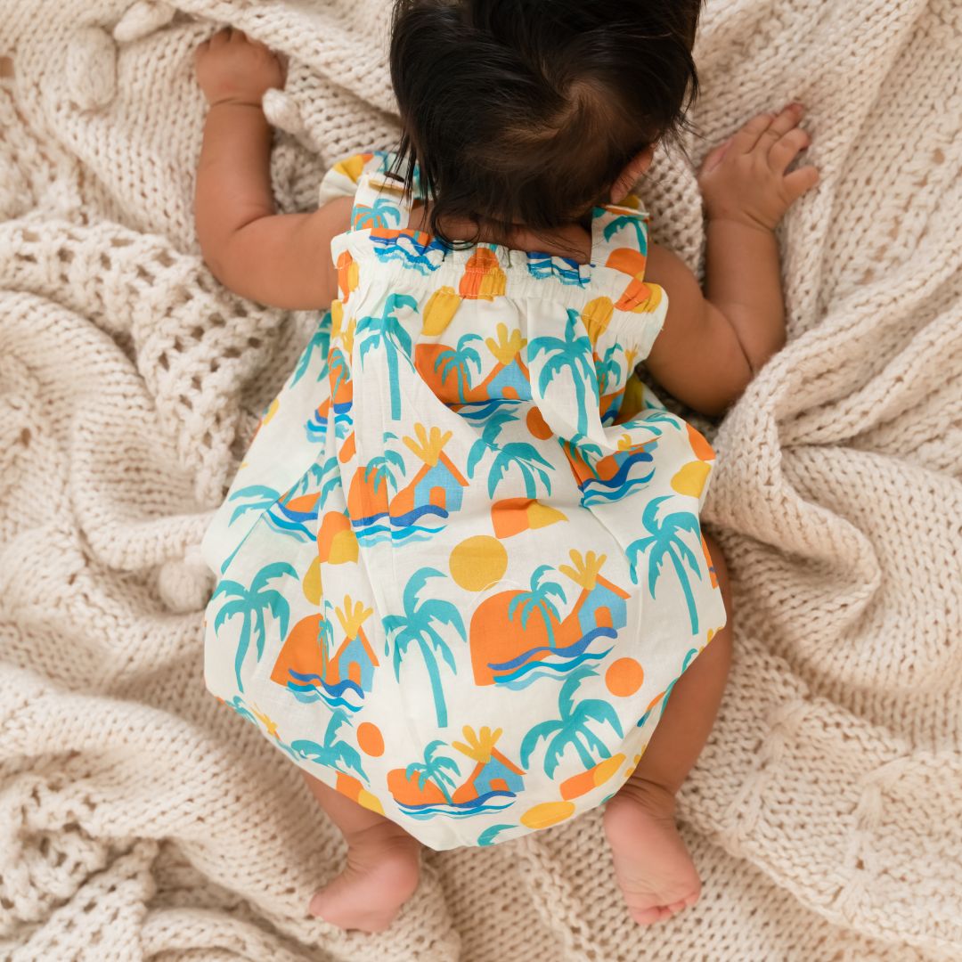 Citrus Splash - Mulmul Cotton Sleeveless Bow Frock