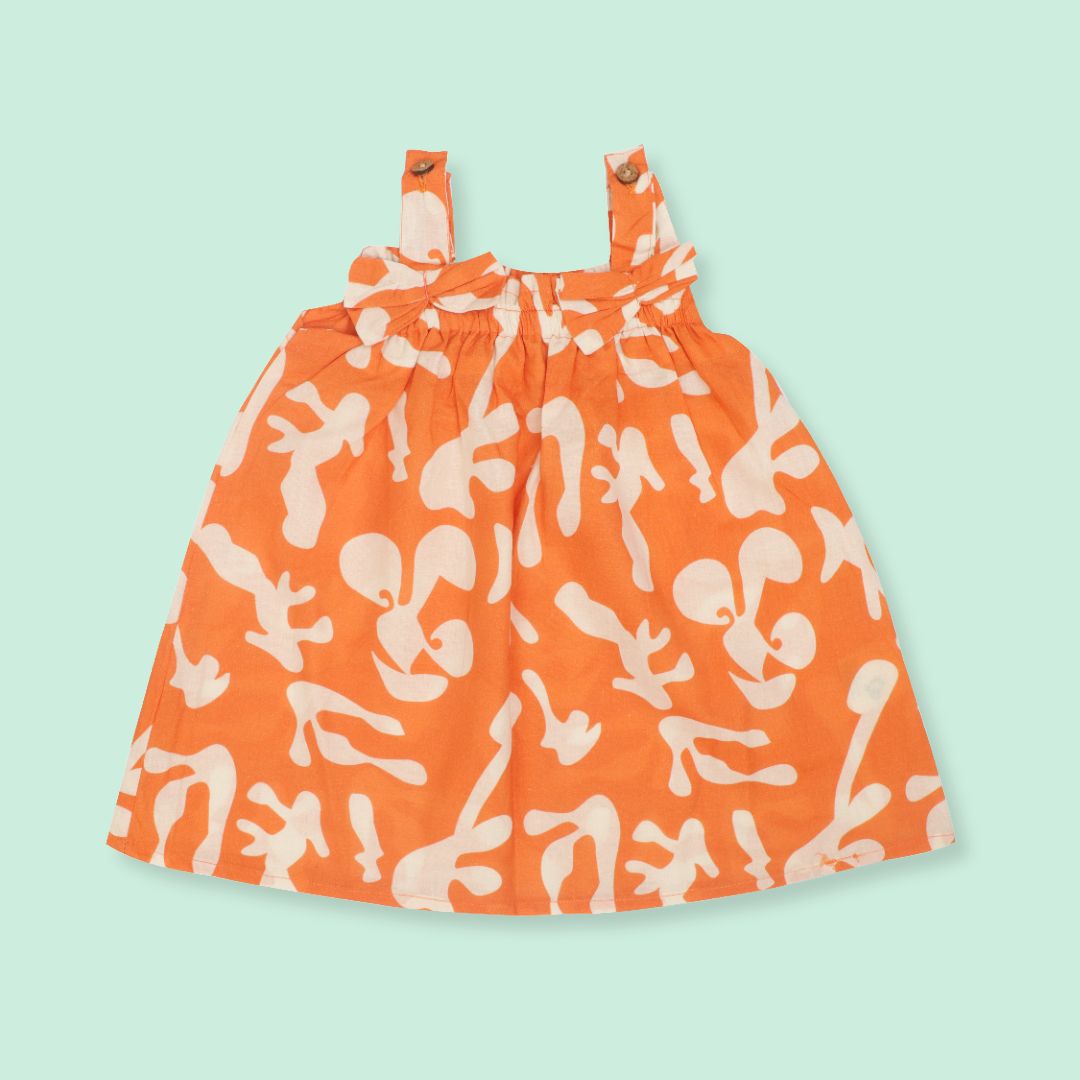 Citrus Splash - Mulmul Cotton Sleeveless Bow Frock
