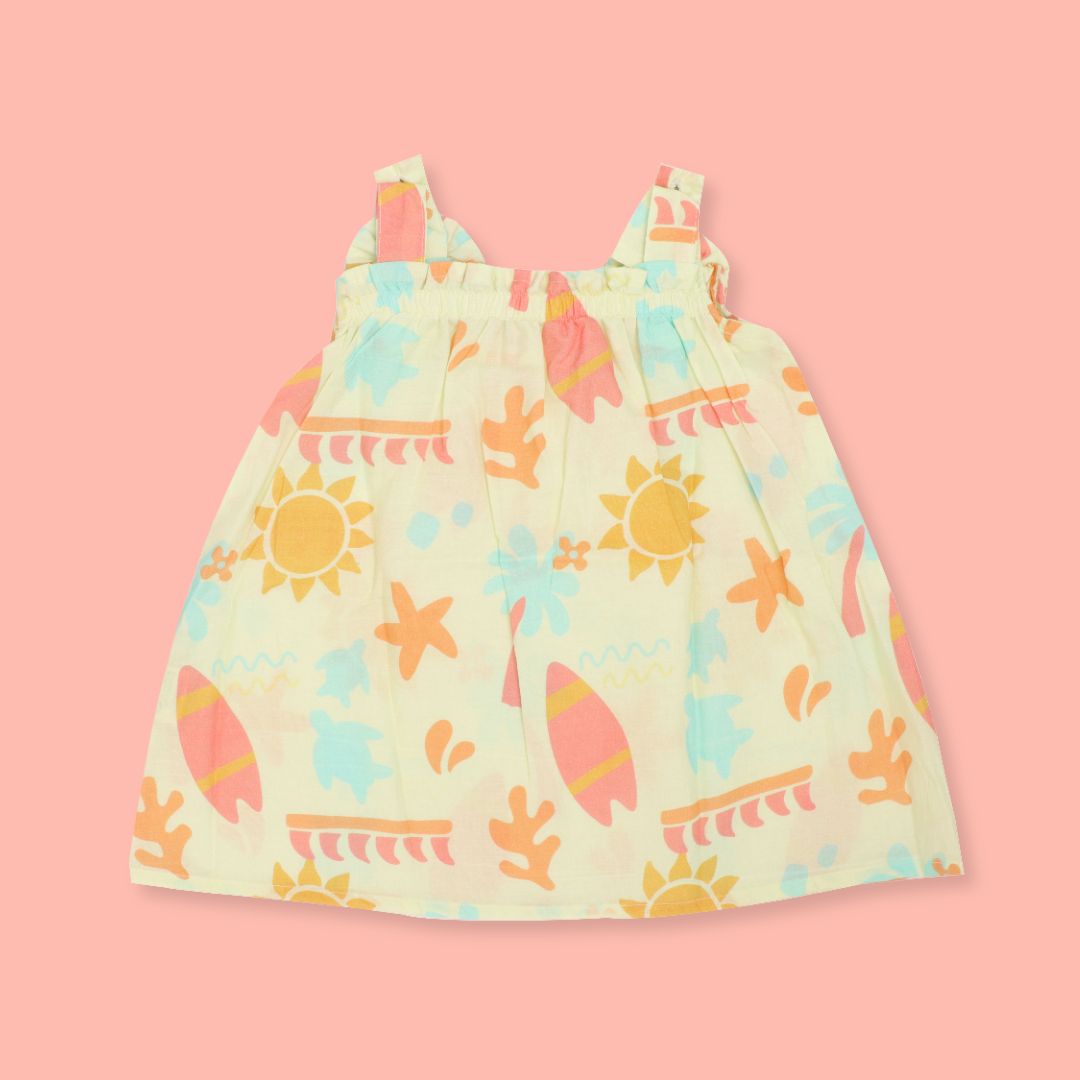 Citrus Splash - Mulmul Cotton Sleeveless Bow Frock