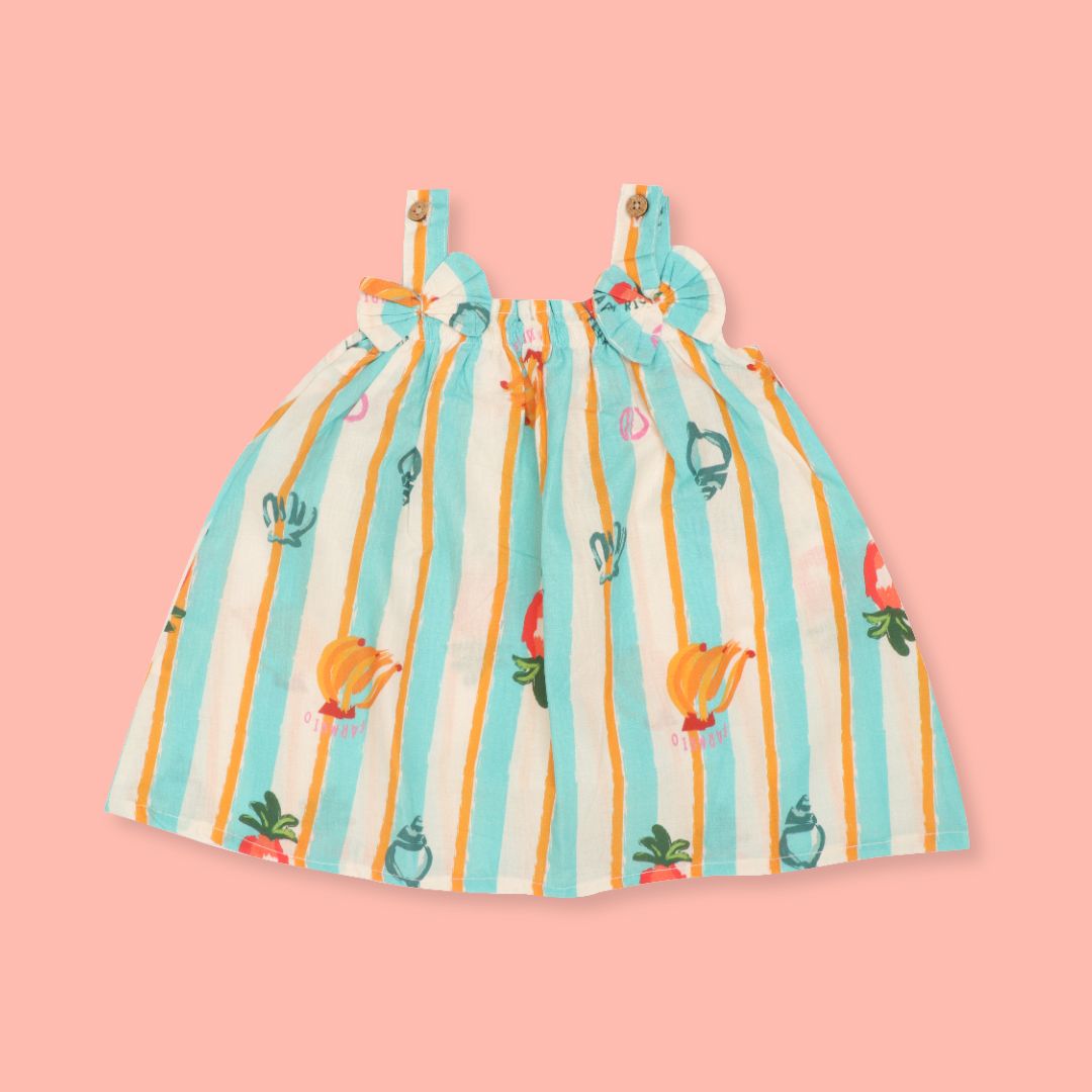 Citrus Splash - Mulmul Cotton Sleeveless Bow Frock
