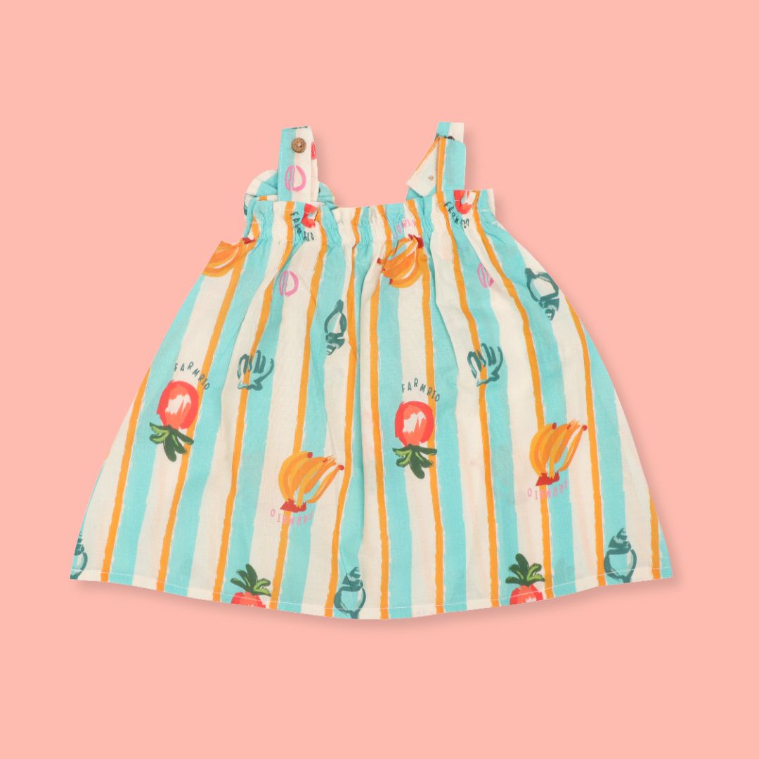 Citrus Splash - Mulmul Cotton Sleeveless Bow Frock