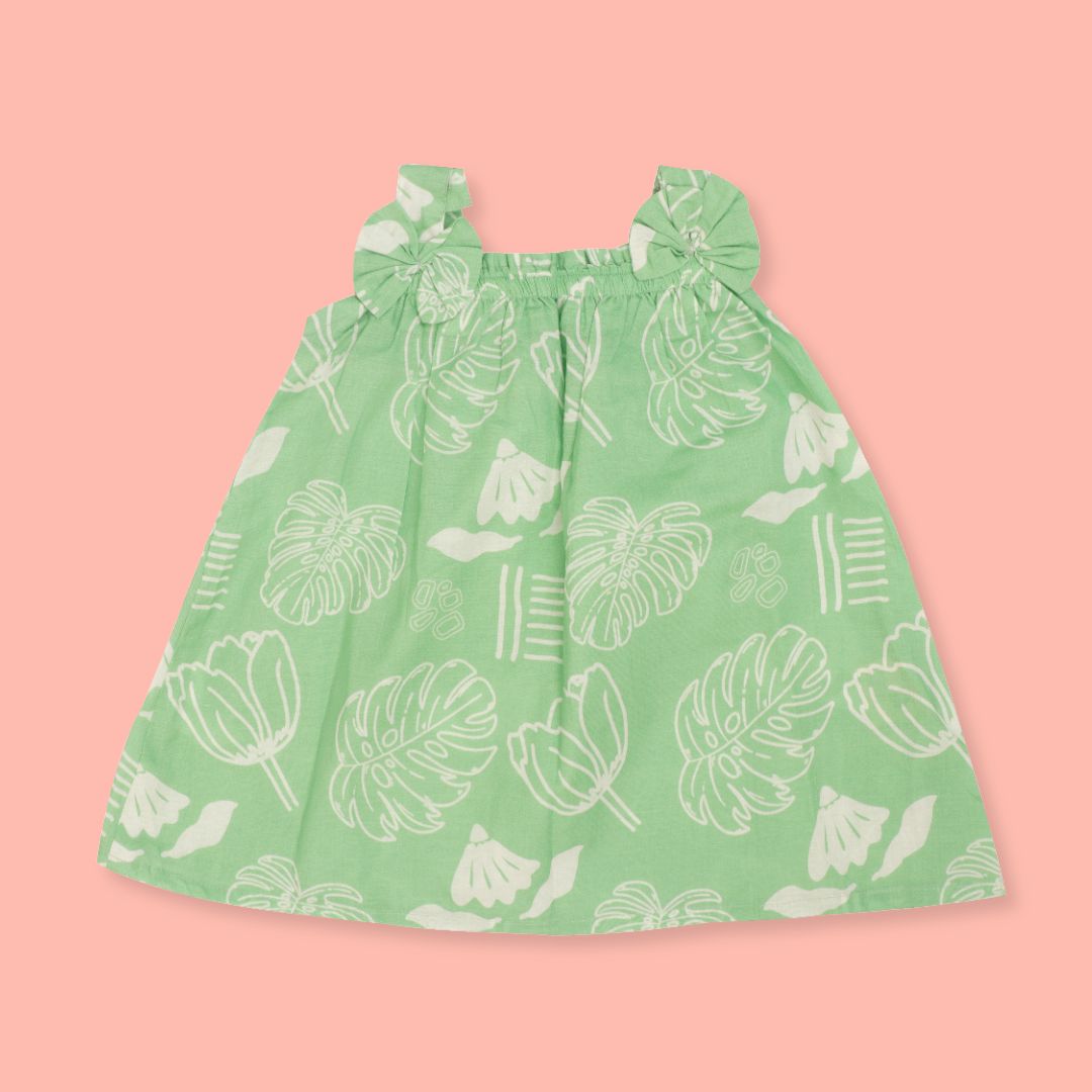 Citrus Splash - Mulmul Cotton Sleeveless Bow Frock