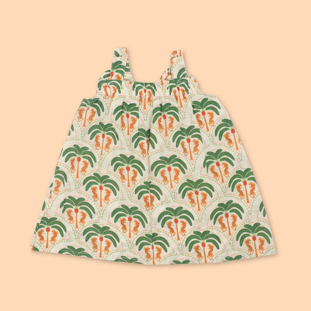 Citrus Splash - Mulmul Cotton Sleeveless Bow Frock
