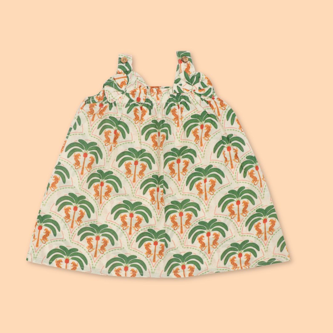 Citrus Splash - Mulmul Cotton Sleeveless Bow Frock