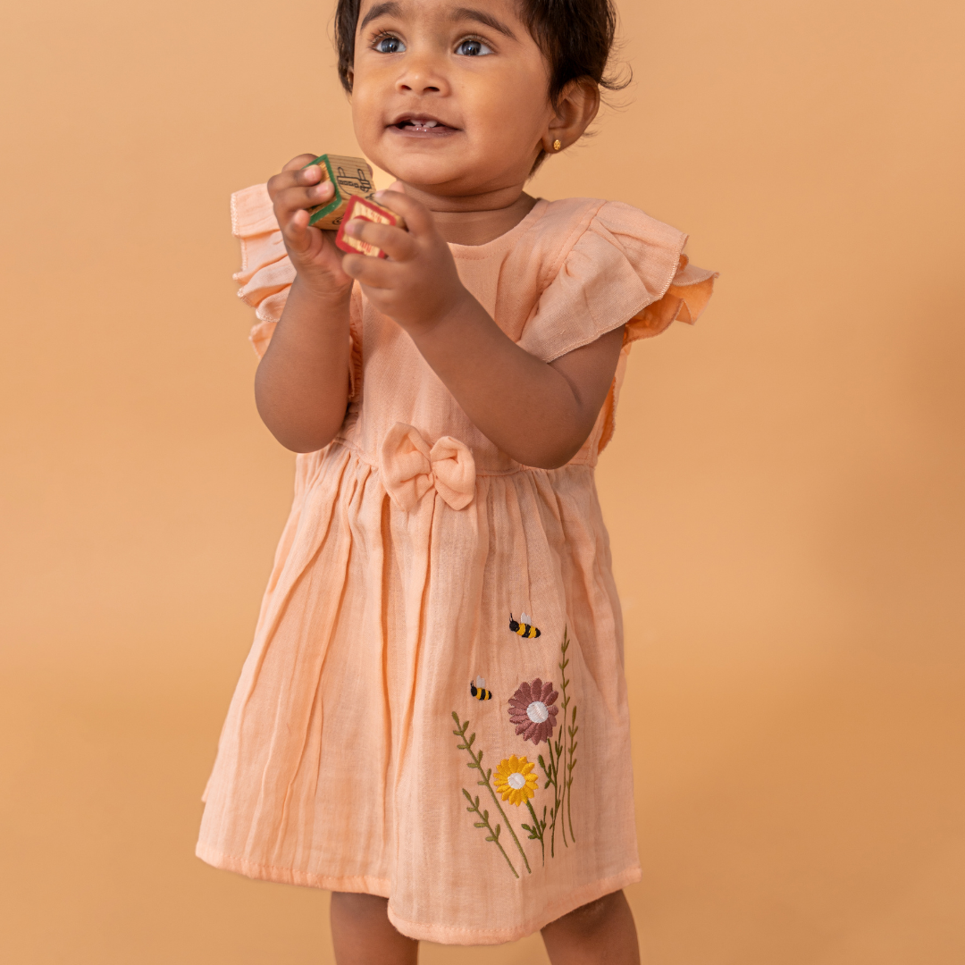 Peach Mist - Crinkled Muslin Frill Frock