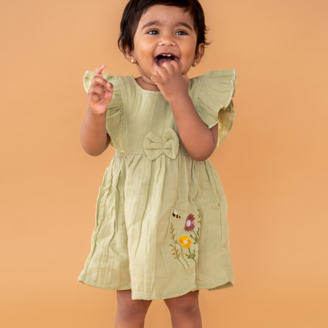 Little Leaf - Crinkled Muslin Frill Frock