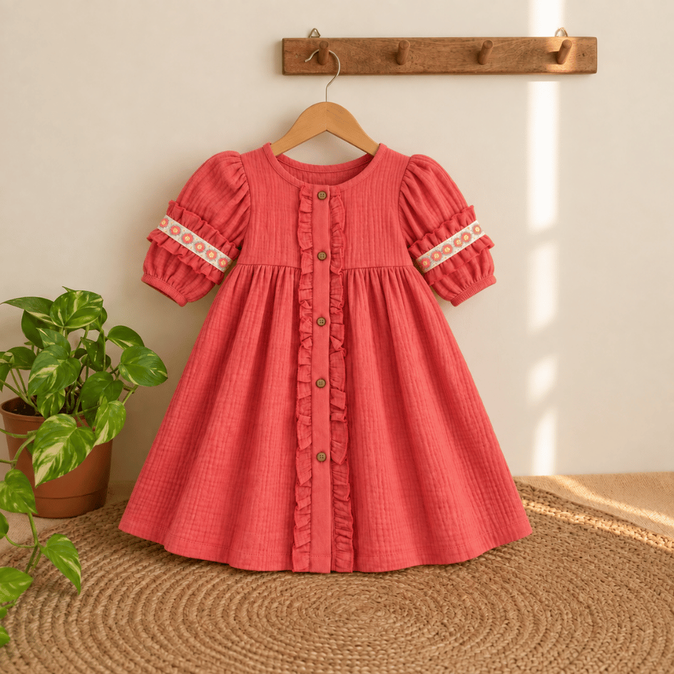 Olive Bloom - Crinkled Muslin Full Sleeve Frock