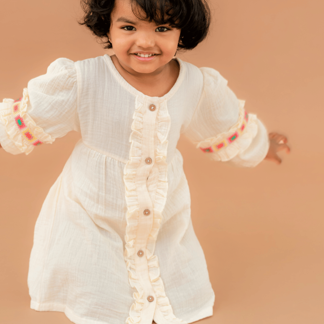 Olive Bloom - Crinkled Muslin Full Sleeve Frock