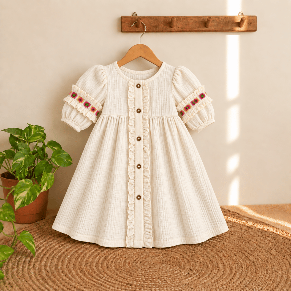 Olive Bloom - Crinkled Muslin Full Sleeve Frock