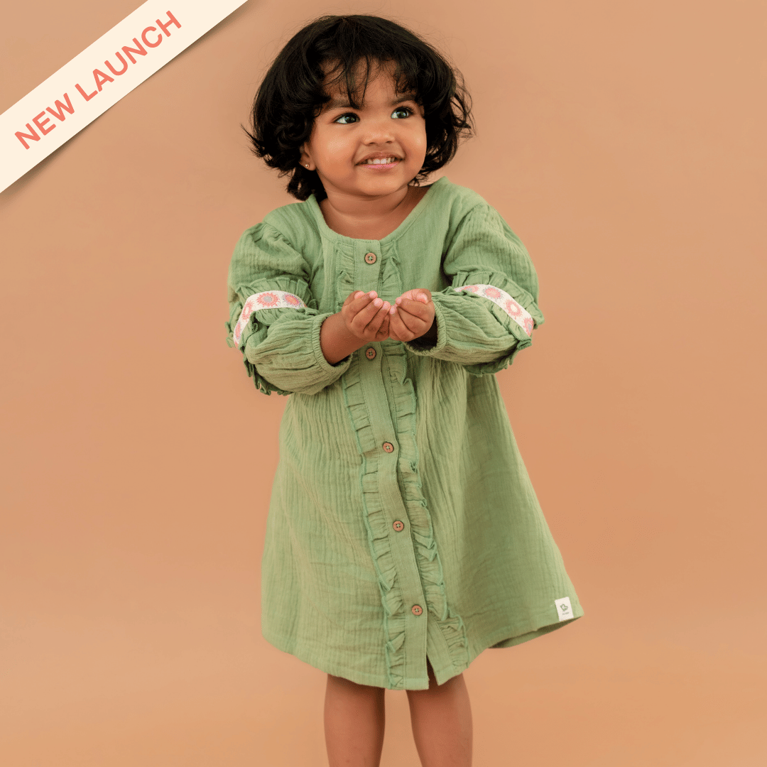 Olive Bloom - Crinkled Muslin Full Sleeve Frock