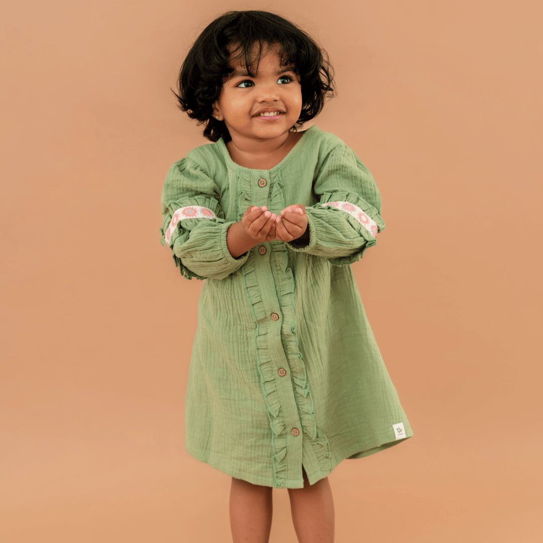 Olive Bloom - Crinkled Muslin Full Sleeve Frock