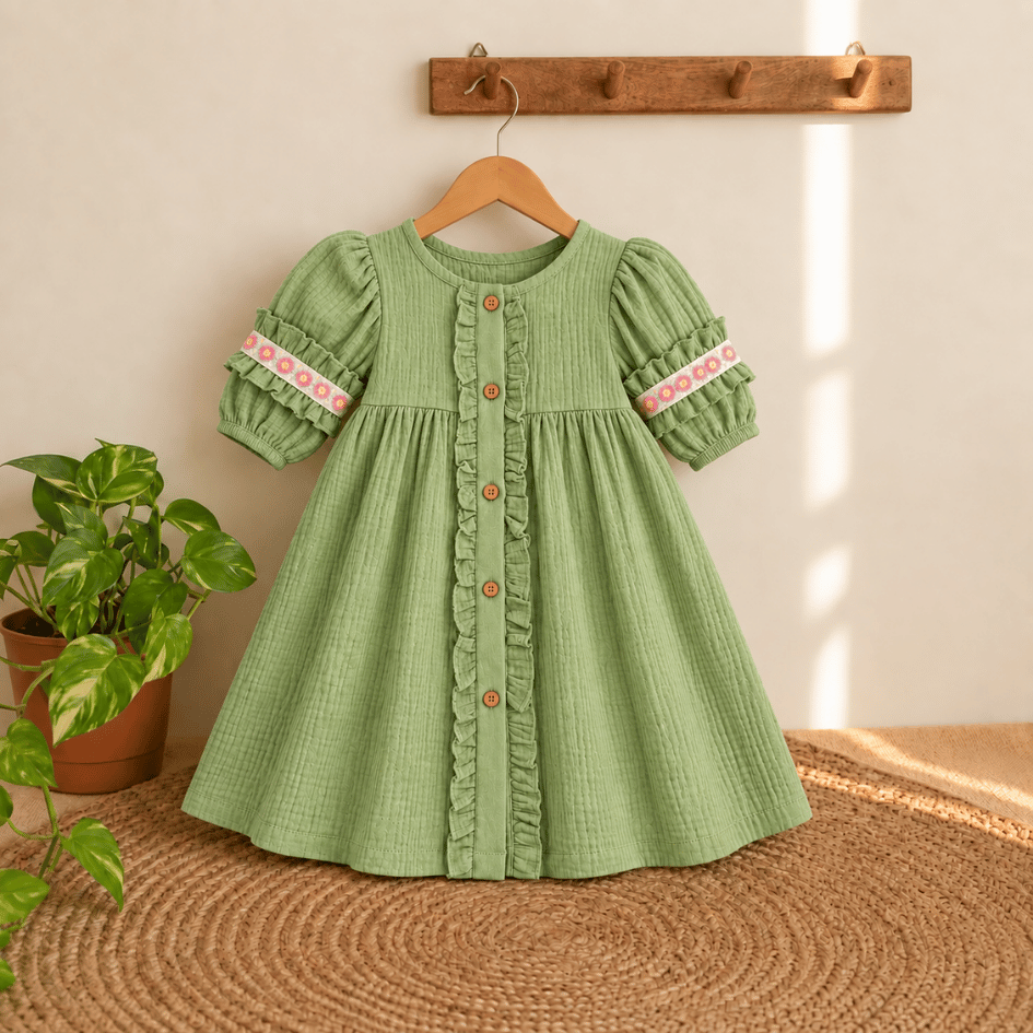 Olive Bloom - Crinkled Muslin Full Sleeve Frock