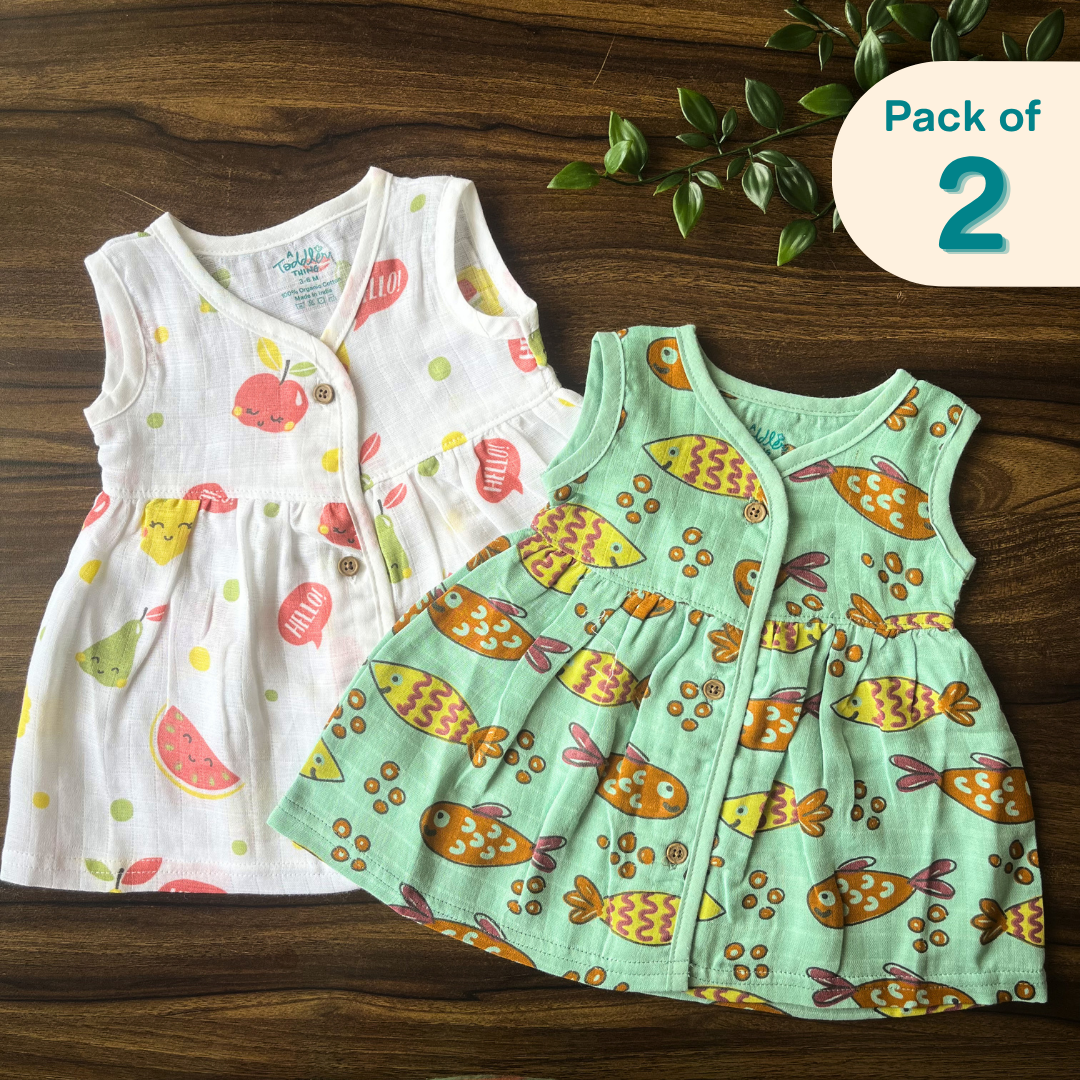 Juicy Fins - Muslin V neck Sleeveless Frock (Pack of 2)