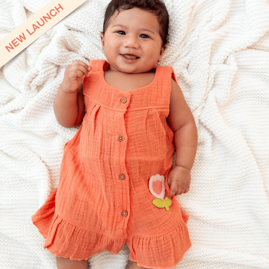 Tangerine Bloom - Crinkled Muslin A-line Sleeveless Frock