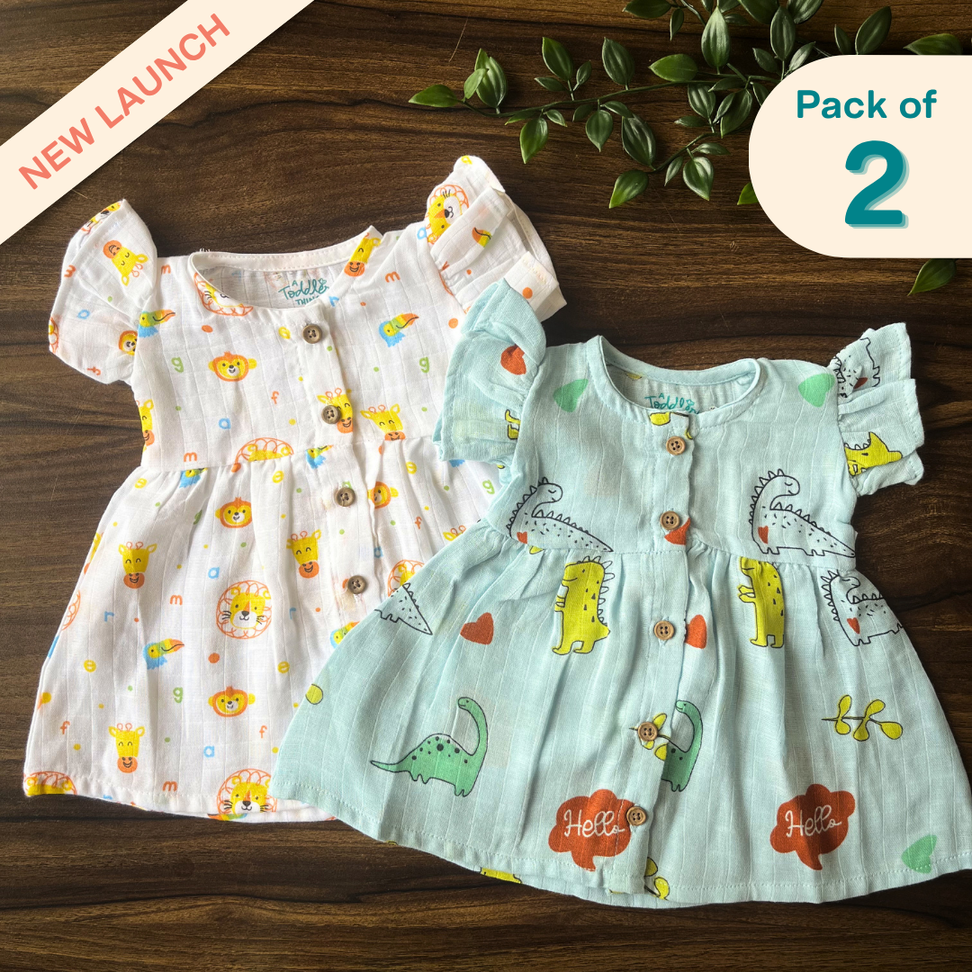 Wild Dino -  Muslin Frill Frock (Pack of 2)