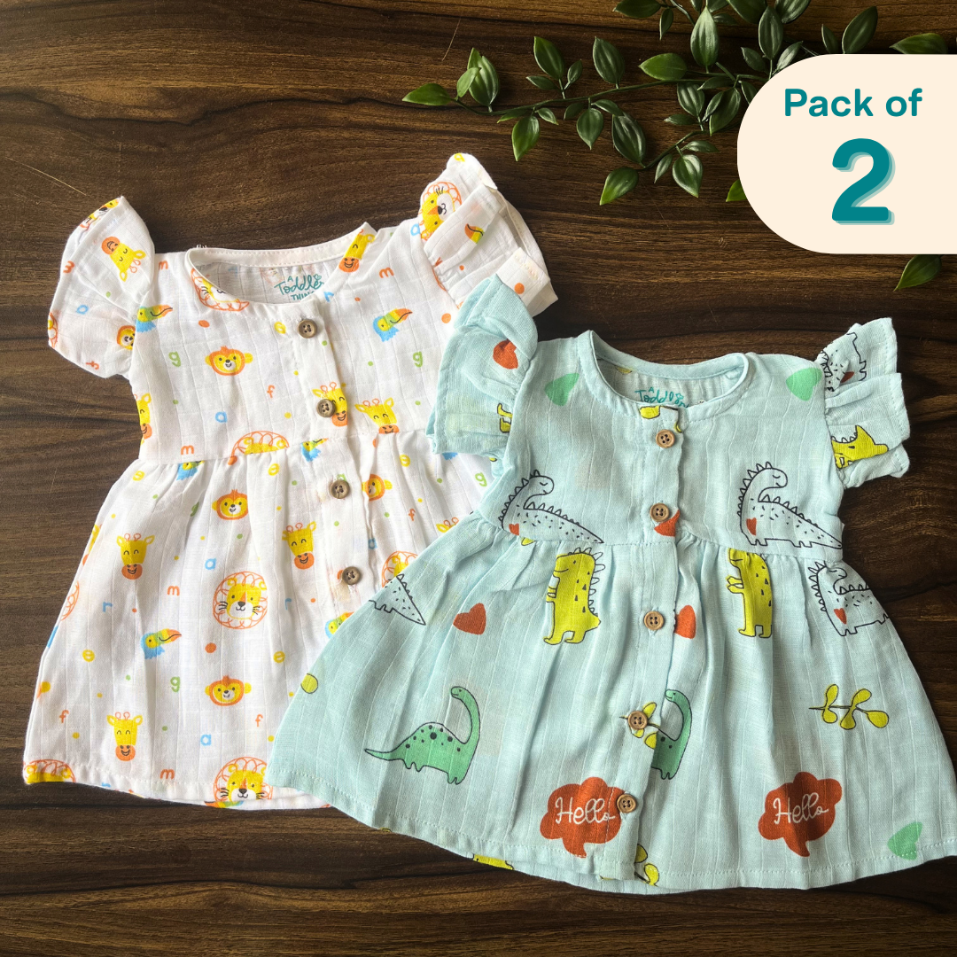 Wild Dino -  Muslin Frill Frock (Pack of 2)