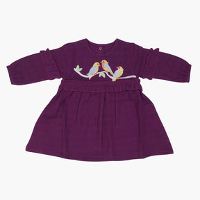 Babies Purple Bird  Full Sleeve Muslin Frock 
