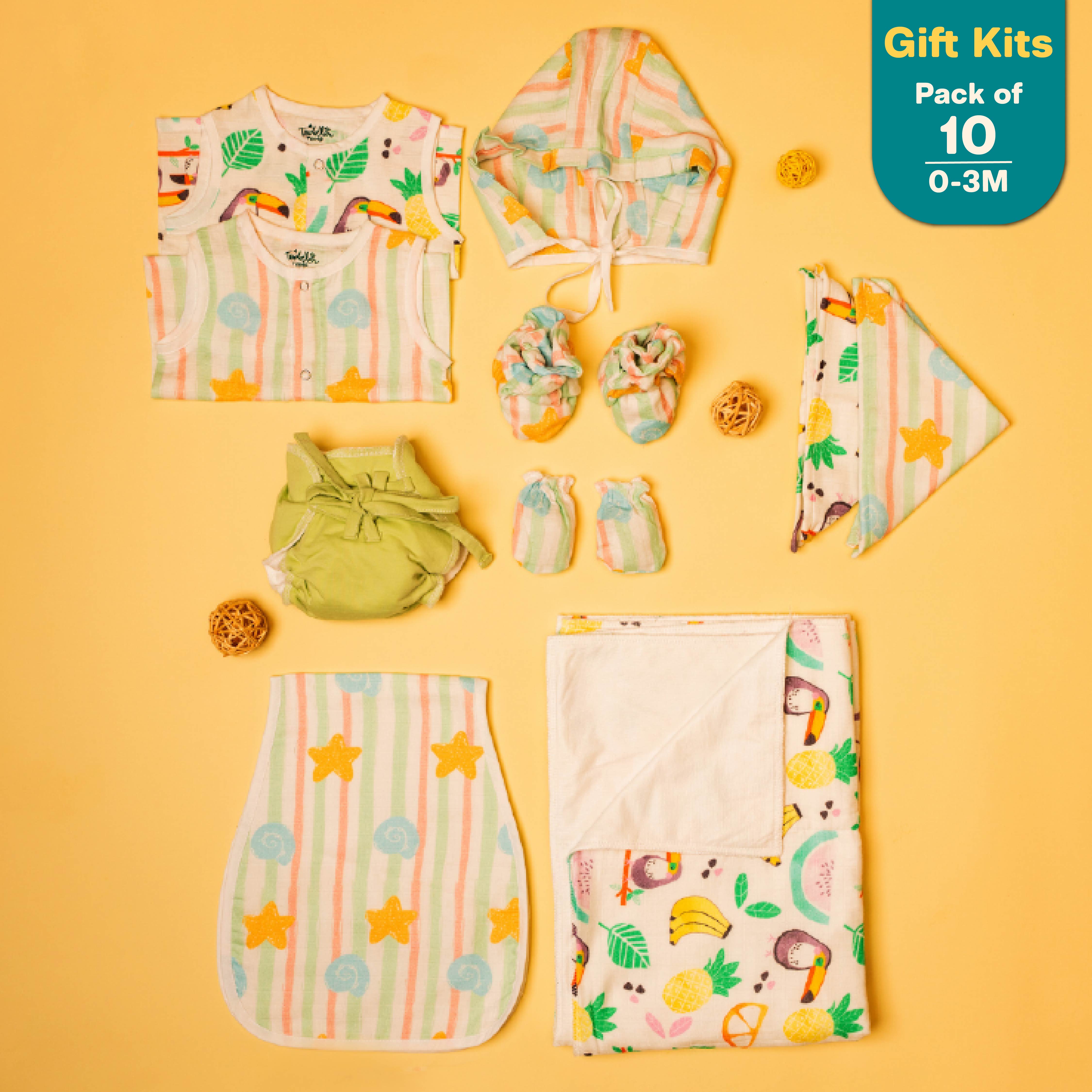 Beaky Stripes - Muslin 10 Piece Combo Pack (0-3M)