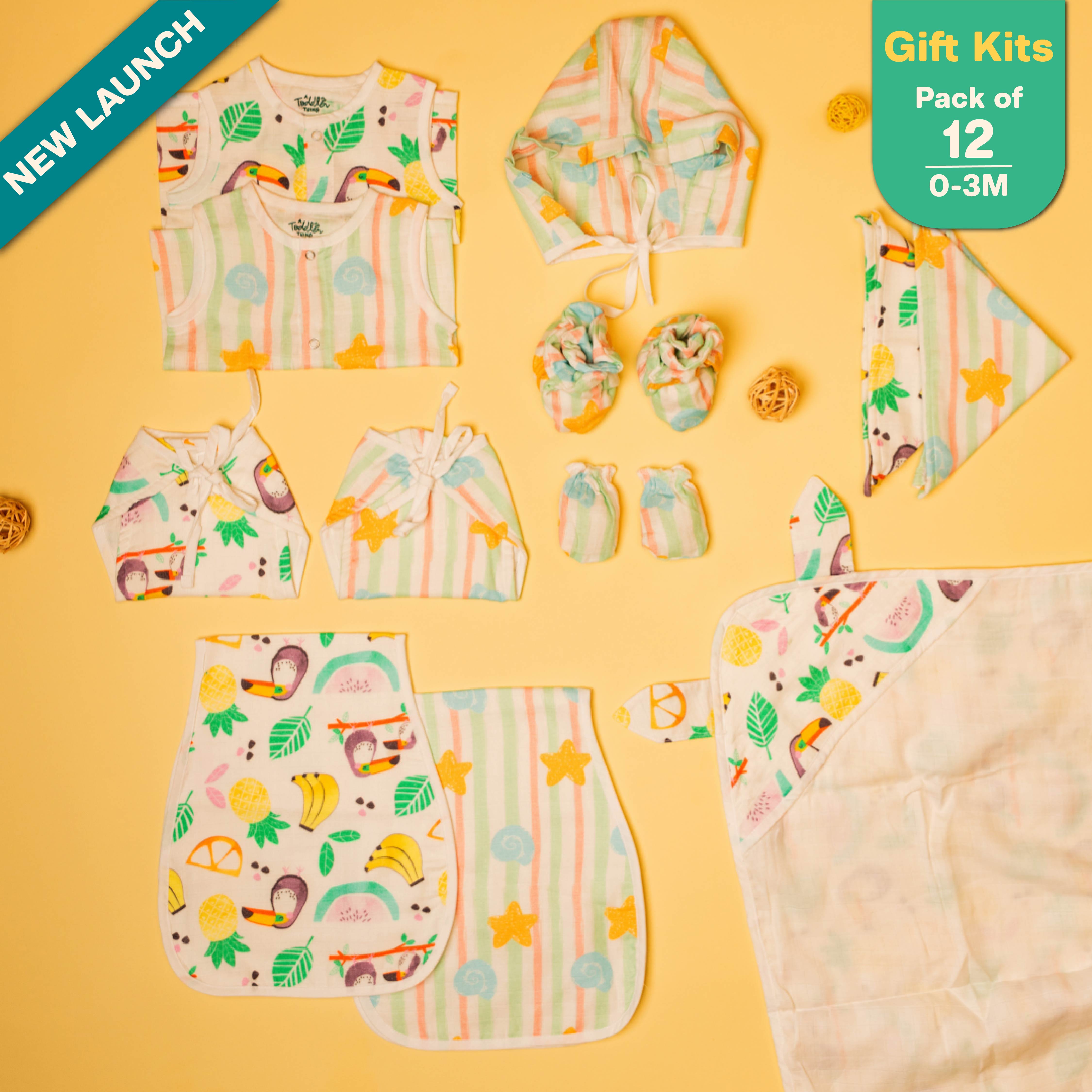 Beaky Stripes- Muslin 12 Piece Combo Pack (0-3M)