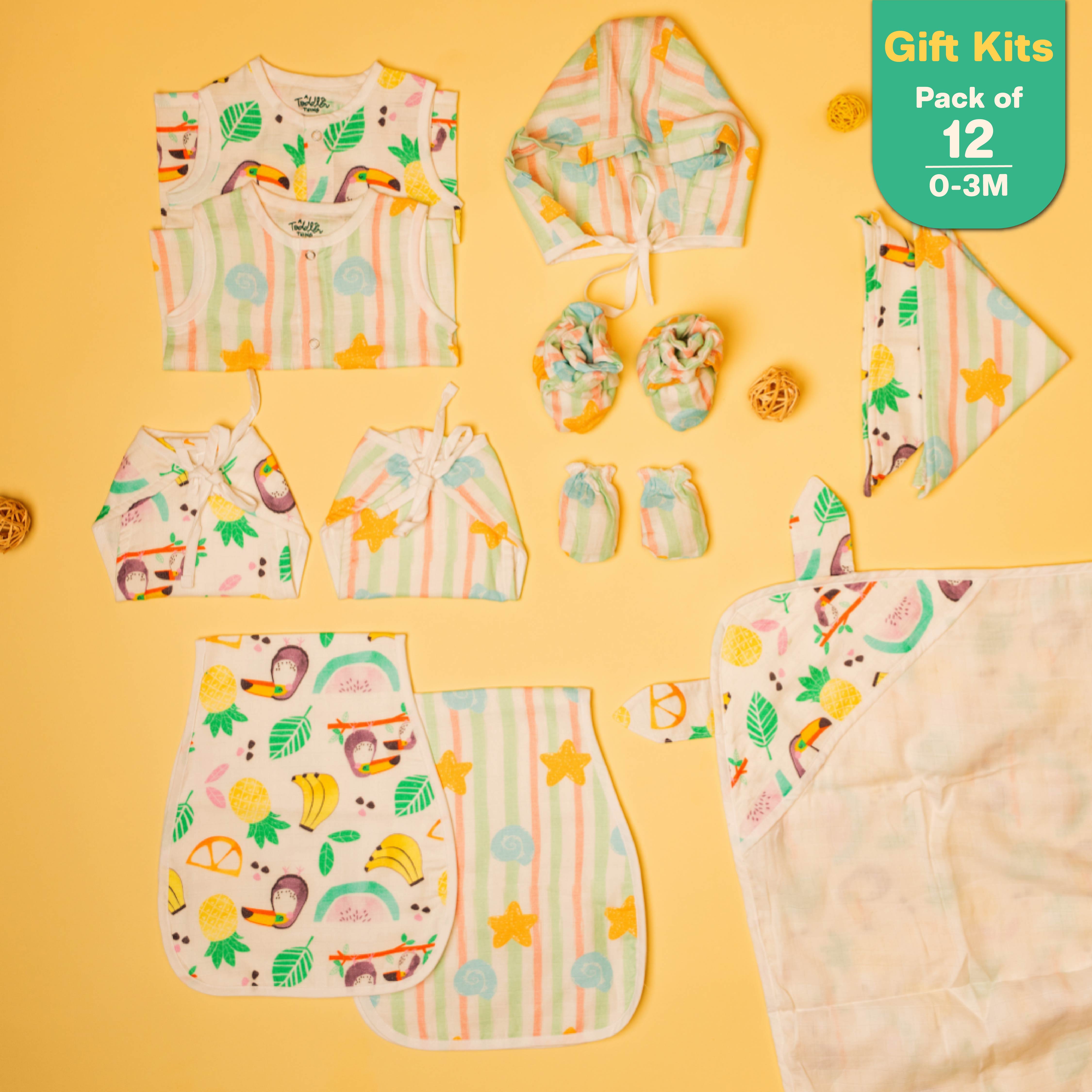 Beaky Stripes- Muslin 12 Piece Combo Pack (0-3M)