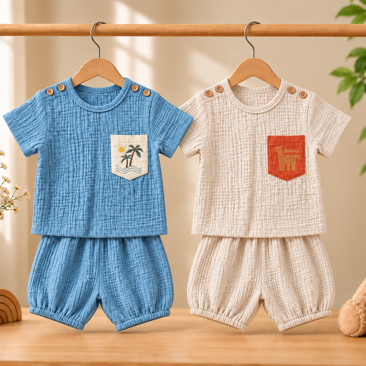 Camel Coast - Crinkled Muslin Co-ord Set with Pocket (Pack of 2)