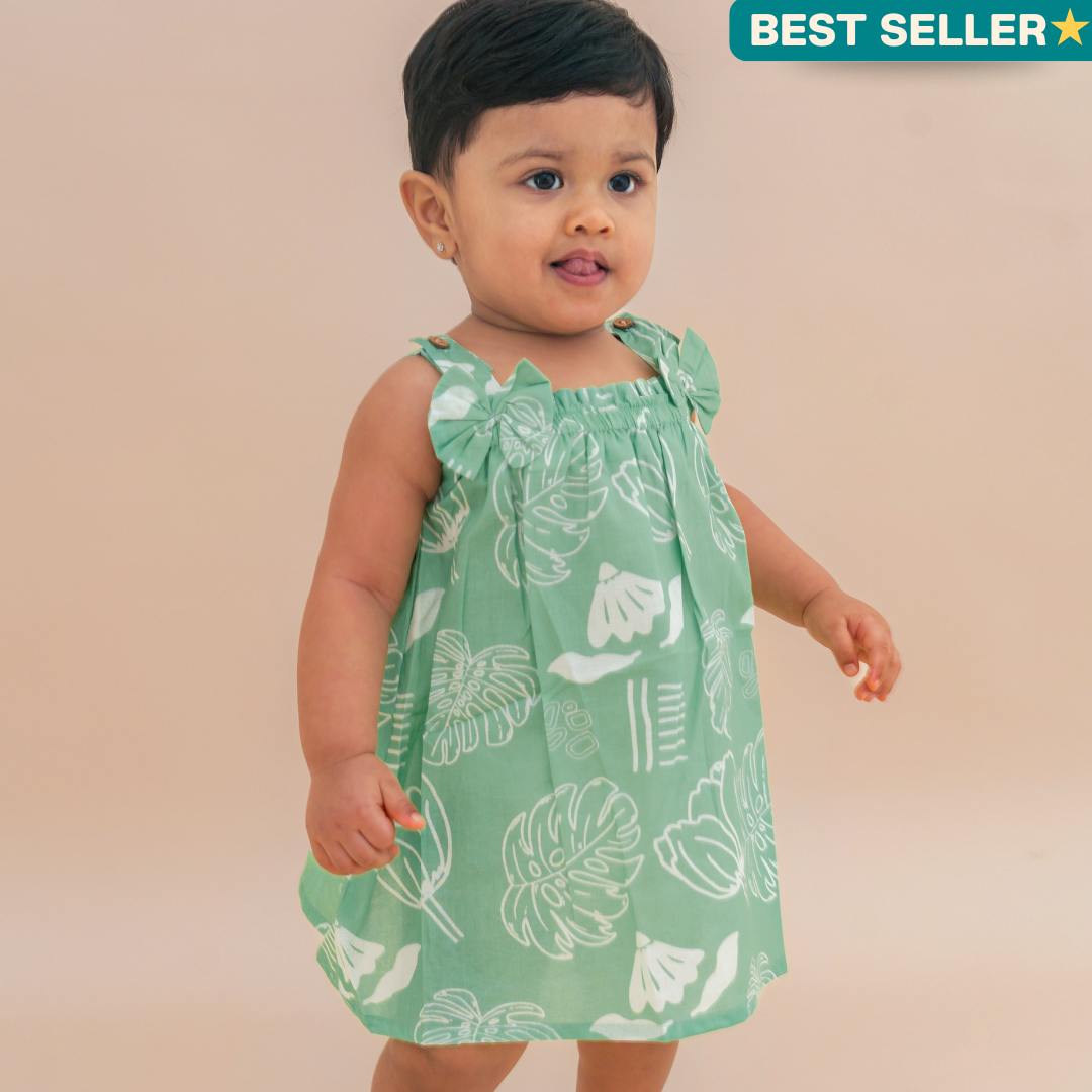 Breezy Leaf - Mulmul Cotton Sleeveless Bow Frock