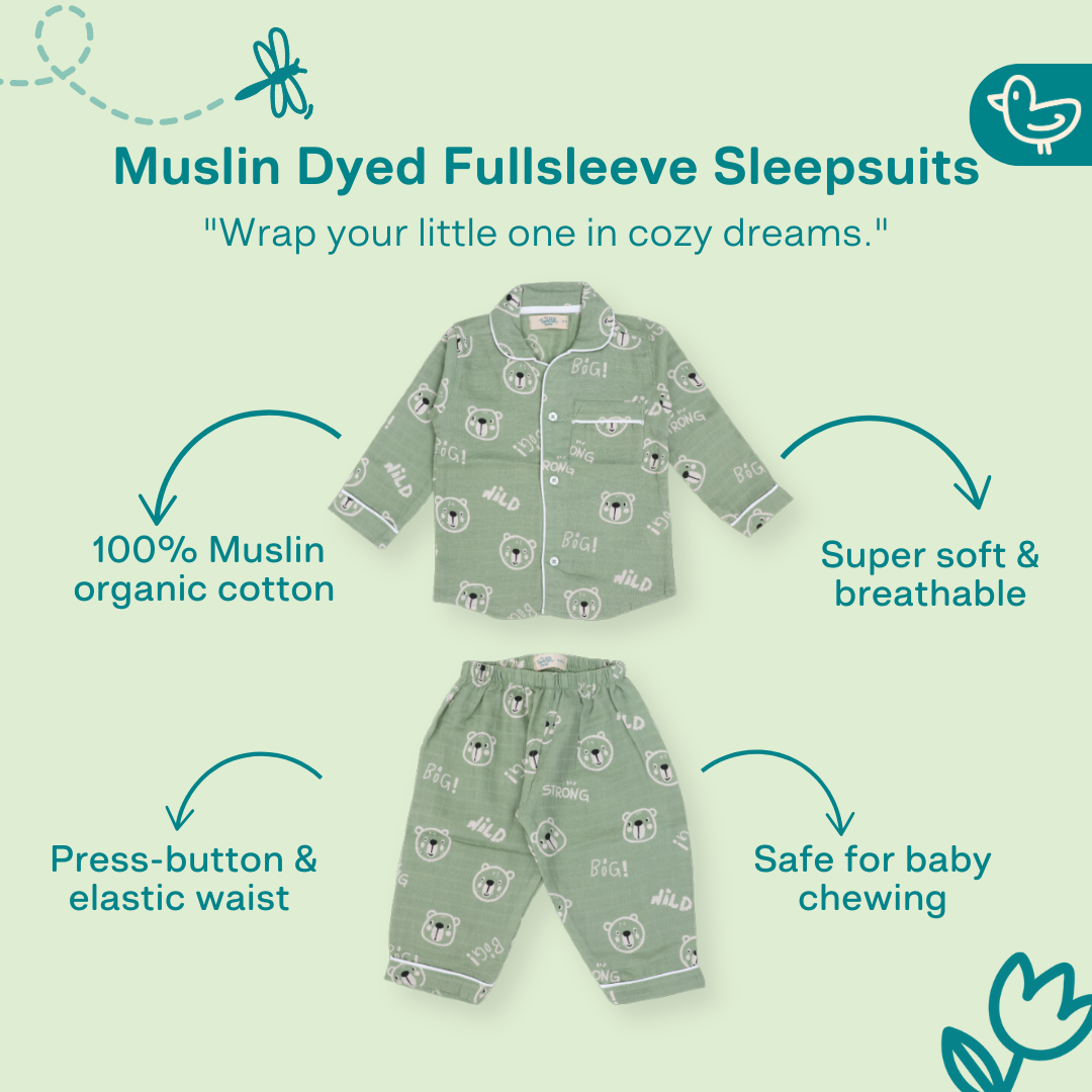 Fuzzy Bear - Muslin Full Sleeve Sleep Suit for babies and kids (Unisex)