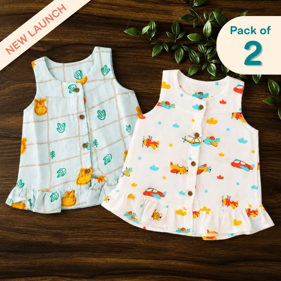Wild Hopper - Muslin Sleeveless A-Line Frock (Pack of 2)