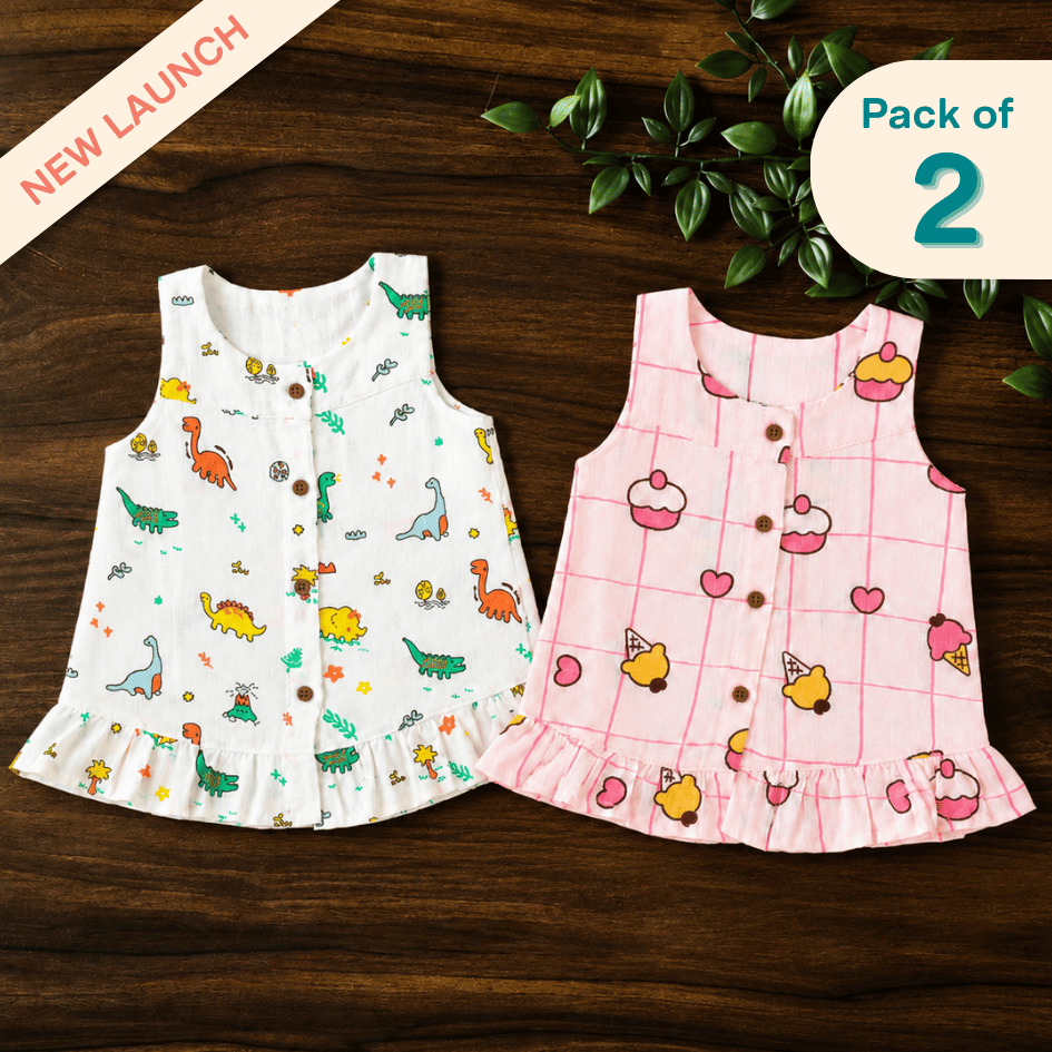 Sugar Stone - Muslin Sleeveless A-Line Frock (Pack of 2)