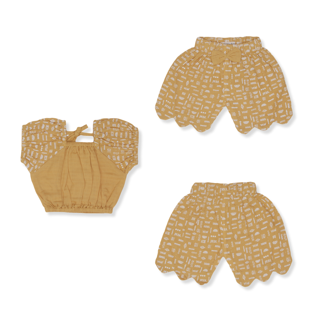Indigo Mustard Puffed Co-ord sets for kids - Pack of 2