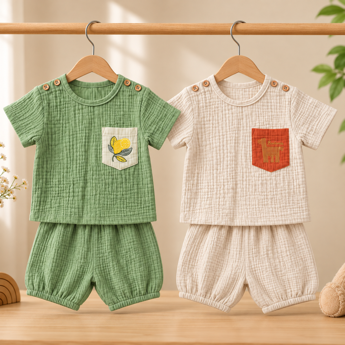 Camel Coast - Crinkled Muslin Co-ord Set with Pocket (Pack of 2)