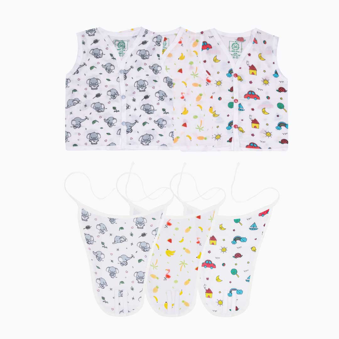 Muslin Matching Button Jablas and Nappies (3 Jablas & 3 Nappies) - Pack of 6 - Special Edition 1