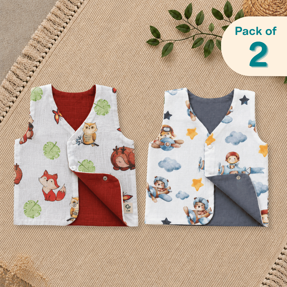 Zoo Holiday  - Reversible Muslin Jabla (Pack of 2)